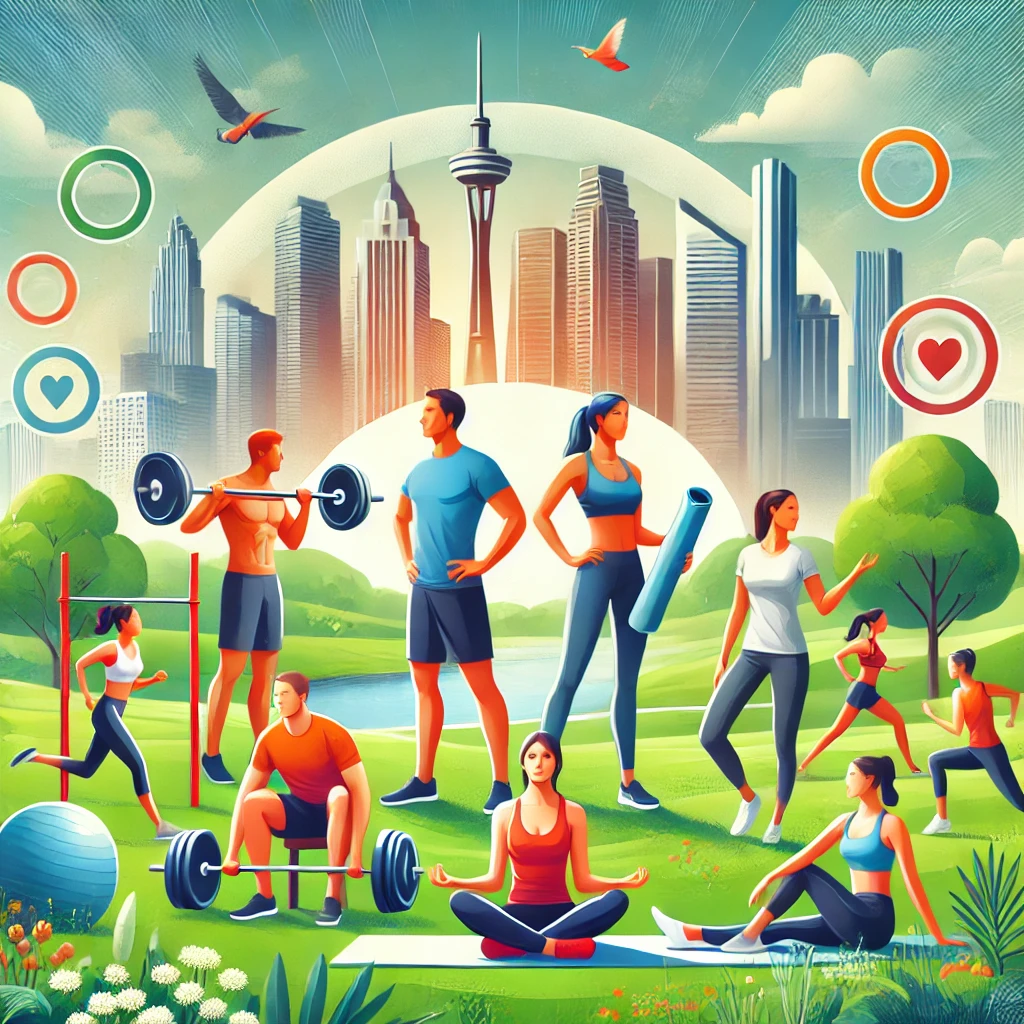 A diverse group of people, including a fitness trainer, athlete, and wellness enthusiast, engaging in various physical activities such as weightlifting, yoga, and running in an outdoor park. The vibrant city skyline and green spaces in the background reflect a holistic approach to health and fitness, symbolizing balance and wellness.