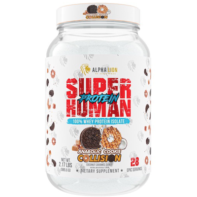 Alpha Lion Superhuman Protein Anabolic Cookie Collision – protein powder container with vibrant packaging featuring the dessert-inspired flavor