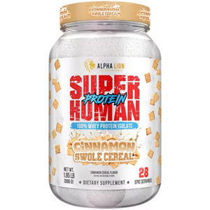 Alpha Lion Superhuman Protein Cinnamon Swole Cereal – protein powder container with vibrant packaging featuring a cinnamon cereal flavor design