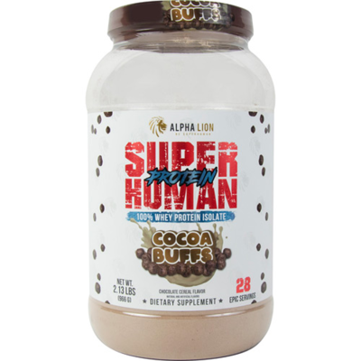 Alpha Lion Superhuman Protein Cocoa Buffs – protein powder container with vibrant packaging featuring the chocolate cereal-inspired flavor design