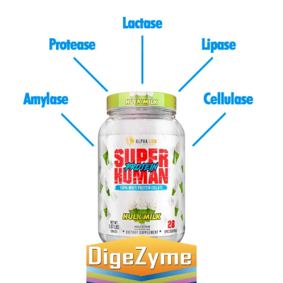Alpha Lion Superhuman Protein with Digezyme – close-up of protein powder container highlighting the Digezyme enzyme technology for improved digestion.