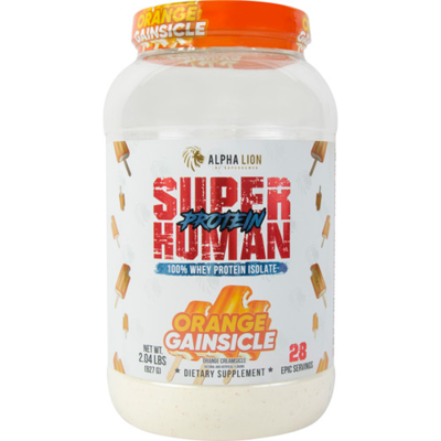 Alpha Lion Superhuman Protein Orange Gainsicle – protein powder container with vibrant packaging featuring an orange creamsicle flavor design