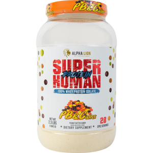 Alpha Lion Superhuman Protein PB Gains – protein powder container featuring vibrant packaging with a peanut butter flavor design