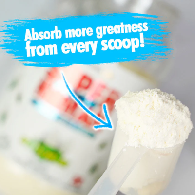 Alpha Lion Superhuman Protein scoop – close-up of a scoop of protein powder with vibrant packaging in the background.
