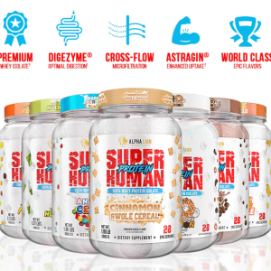 Alpha Lion Superhuman Protein stack – multiple protein containers featuring bold, vibrant packaging showcasing various flavors and muscle-building benefits.