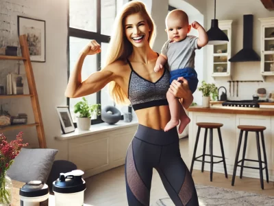 A fit young mother in stylish workout clothes lifts her baby playfully in a bright, modern home. A shaker bottle and creatine supplement container sit on a kitchen counter. Sunlight streams through large windows, with subtle workout equipment in the background, creating a warm and active atmosphere.