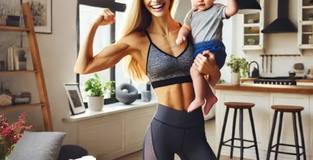 A fit young mother in stylish workout clothes lifts her baby playfully in a bright, modern home. A shaker bottle and creatine supplement container sit on a kitchen counter. Sunlight streams through large windows, with subtle workout equipment in the background, creating a warm and active atmosphere.