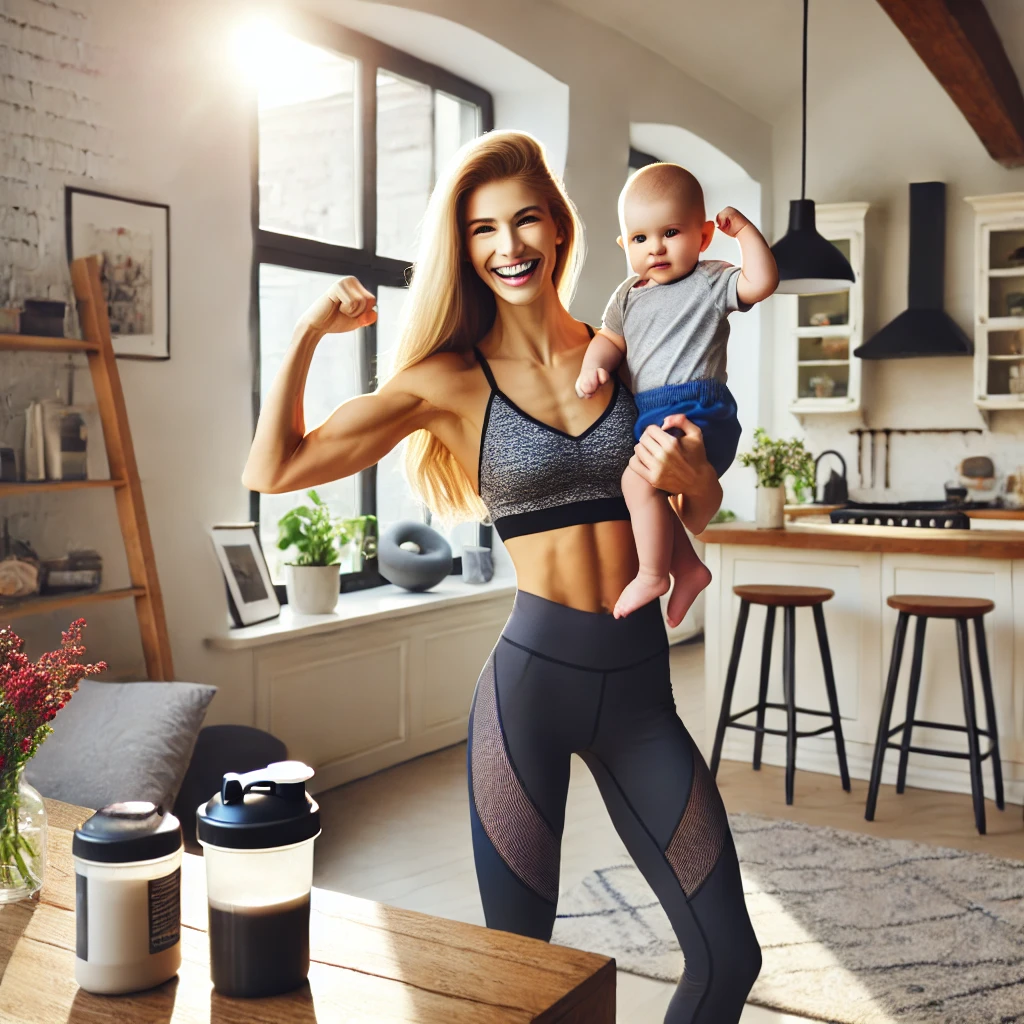 A fit young mother in stylish workout clothes lifts her baby playfully in a bright, modern home. A shaker bottle and creatine supplement container sit on a kitchen counter. Sunlight streams through large windows, with subtle workout equipment in the background, creating a warm and active atmosphere.