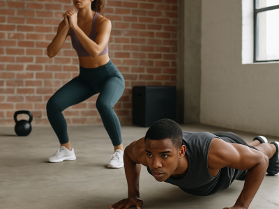 A young African American man performs push-ups while a young African American woman does air squats in a sunlit industrial-style gym with a brick wall and minimalist workout equipment like a kettlebell and plyometric box nearby.