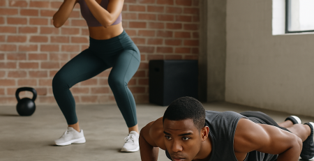 A young African American man performs push-ups while a young African American woman does air squats in a sunlit industrial-style gym with a brick wall and minimalist workout equipment like a kettlebell and plyometric box nearby.