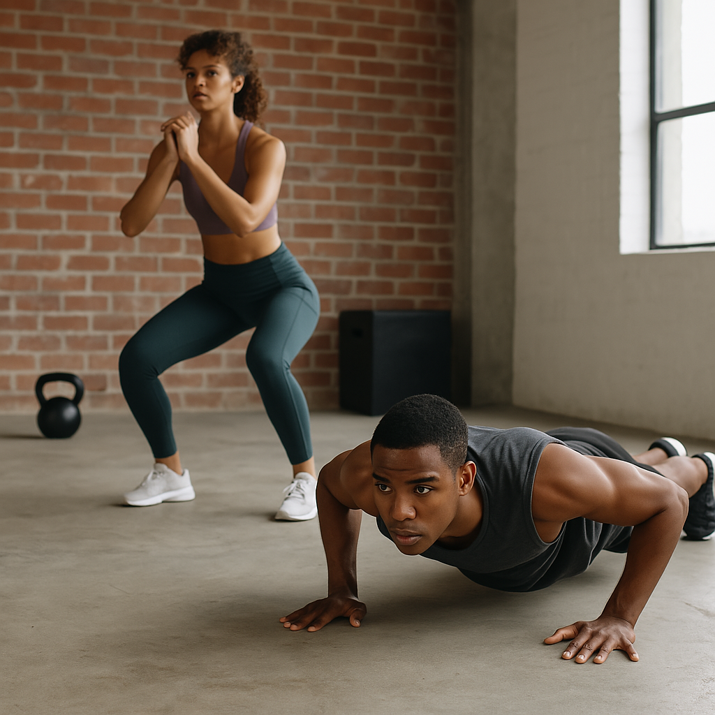 A young African American man performs push-ups while a young African American woman does air squats in a sunlit industrial-style gym with a brick wall and minimalist workout equipment like a kettlebell and plyometric box nearby.