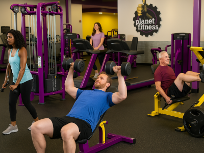 A high-resolution photograph captures a Planet Fitness gym with a diverse group of people working out—one man doing dumbbell presses, a woman using free weights, another walking on a treadmill, and an older man on a leg press machine. The space is clean, bright, and features the gym’s purple and yellow equipment and branding.