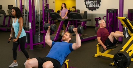 A high-resolution photograph captures a Planet Fitness gym with a diverse group of people working out—one man doing dumbbell presses, a woman using free weights, another walking on a treadmill, and an older man on a leg press machine. The space is clean, bright, and features the gym’s purple and yellow equipment and branding.