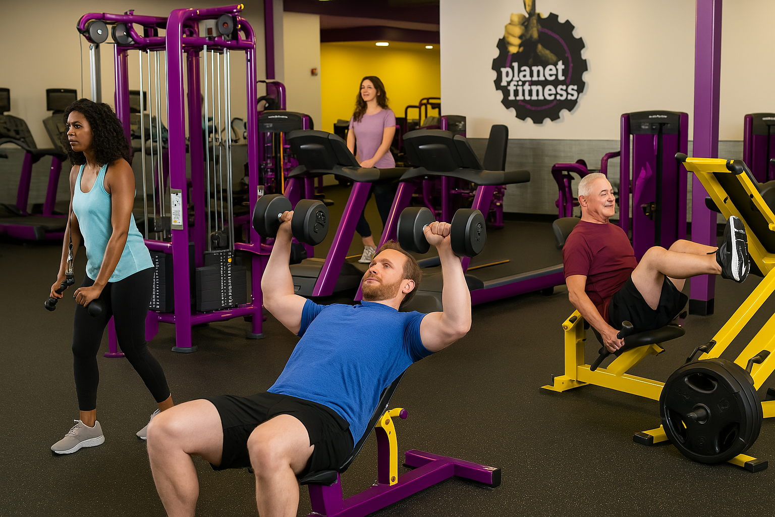 A high-resolution photograph captures a Planet Fitness gym with a diverse group of people working out—one man doing dumbbell presses, a woman using free weights, another walking on a treadmill, and an older man on a leg press machine. The space is clean, bright, and features the gym’s purple and yellow equipment and branding.