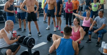 A diverse group of people in a gym, engaging in various activities like lifting weights, stretching, and conversing. Some hold protein shakes, while others rest near equipment like treadmills and weight racks. Supplement bottles, including L-Carnitine, are visible on a table. The atmosphere reflects community, determination, and recovery, with large windows letting in natural light