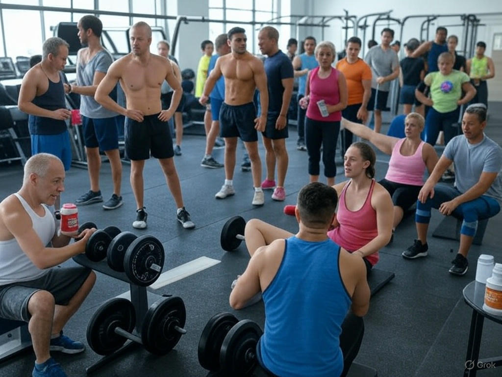 A diverse group of people in a gym, engaging in various activities like lifting weights, stretching, and conversing. Some hold protein shakes, while others rest near equipment like treadmills and weight racks. Supplement bottles, including L-Carnitine, are visible on a table. The atmosphere reflects community, determination, and recovery, with large windows letting in natural light