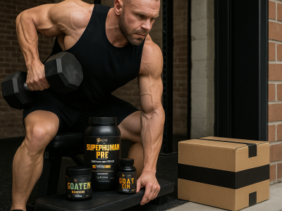 A muscular man in a black tank top performs a one-arm dumbbell row in a gritty gym setting, with Alpha Lion supplements on a bench beside him and a sealed cardboard delivery box nearby.