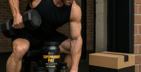 A muscular man in a black tank top performs a one-arm dumbbell row in a gritty gym setting, with Alpha Lion supplements on a bench beside him and a sealed cardboard delivery box nearby.