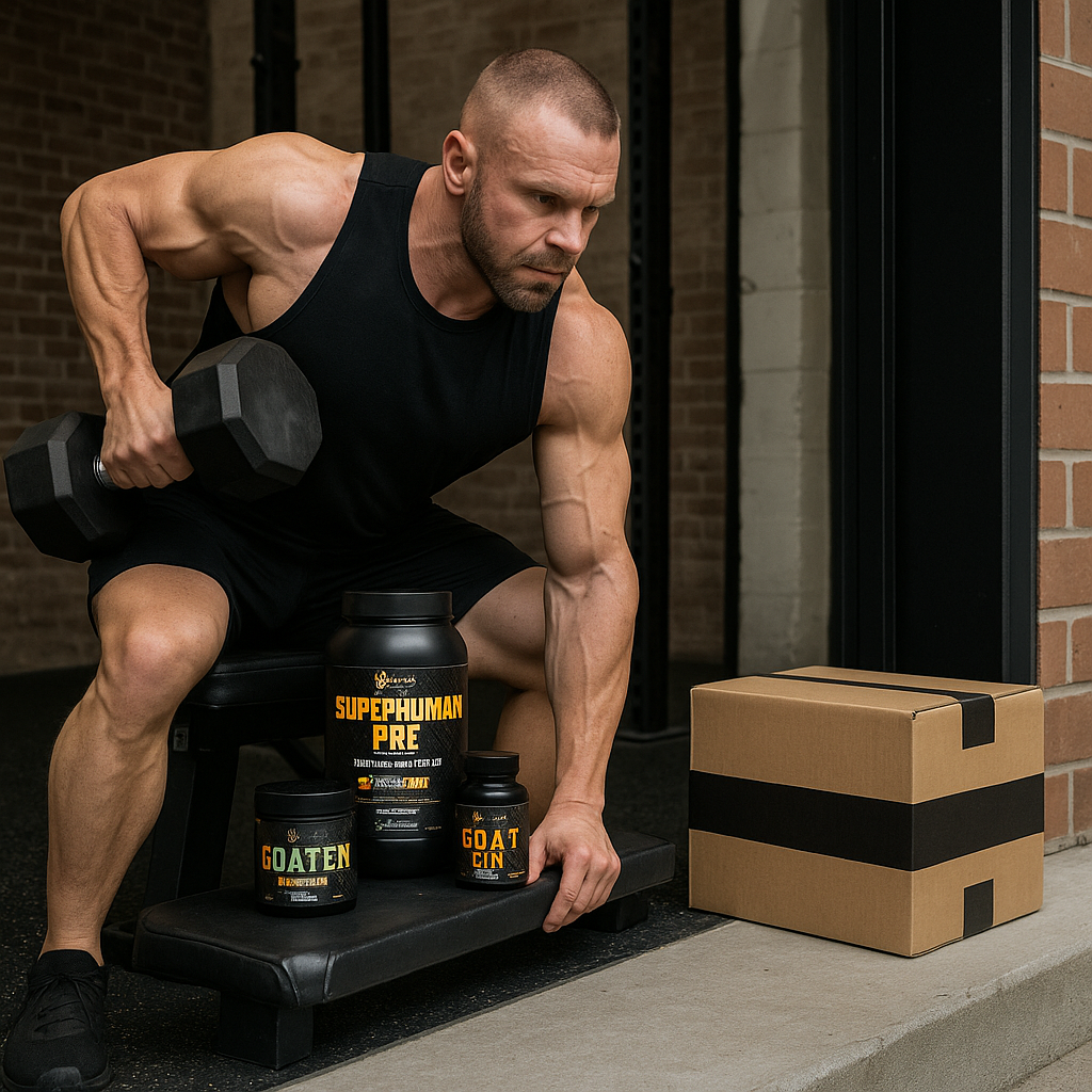A muscular man in a black tank top performs a one-arm dumbbell row in a gritty gym setting, with Alpha Lion supplements on a bench beside him and a sealed cardboard delivery box nearby.