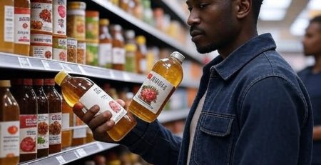 A person wearing a denim jacket stands in a grocery store aisle, holding two bottles of apple cider vinegar and examining them closely. The shelves behind are stocked with various bottles of vinegar and other condiments, with labels visible but no text legible. The store has a well-lit, organized atmosphere.