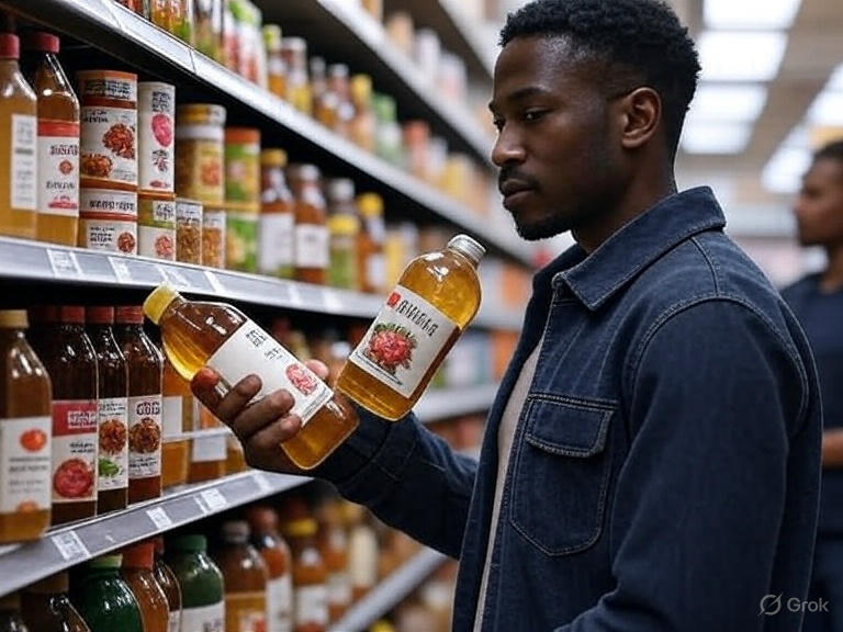 A person wearing a denim jacket stands in a grocery store aisle, holding two bottles of apple cider vinegar and examining them closely. The shelves behind are stocked with various bottles of vinegar and other condiments, with labels visible but no text legible. The store has a well-lit, organized atmosphere.