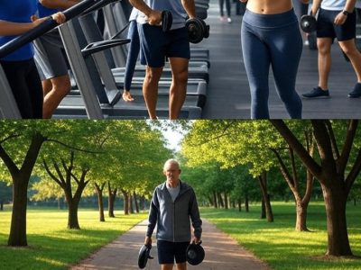 A collage of two scenes featuring people exercising. The top half shows a group of people working out in a gym, with a man holding dumbbells and a woman lifting a barbell, surrounded by treadmills. The bottom half depicts an older man walking on a wooden path in a park lined with trees, holding small weights, with a yoga mat placed on the path.