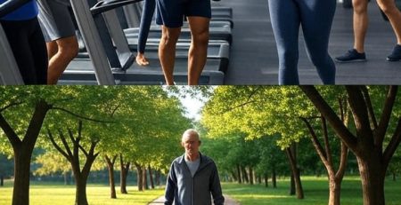 A collage of two scenes featuring people exercising. The top half shows a group of people working out in a gym, with a man holding dumbbells and a woman lifting a barbell, surrounded by treadmills. The bottom half depicts an older man walking on a wooden path in a park lined with trees, holding small weights, with a yoga mat placed on the path.