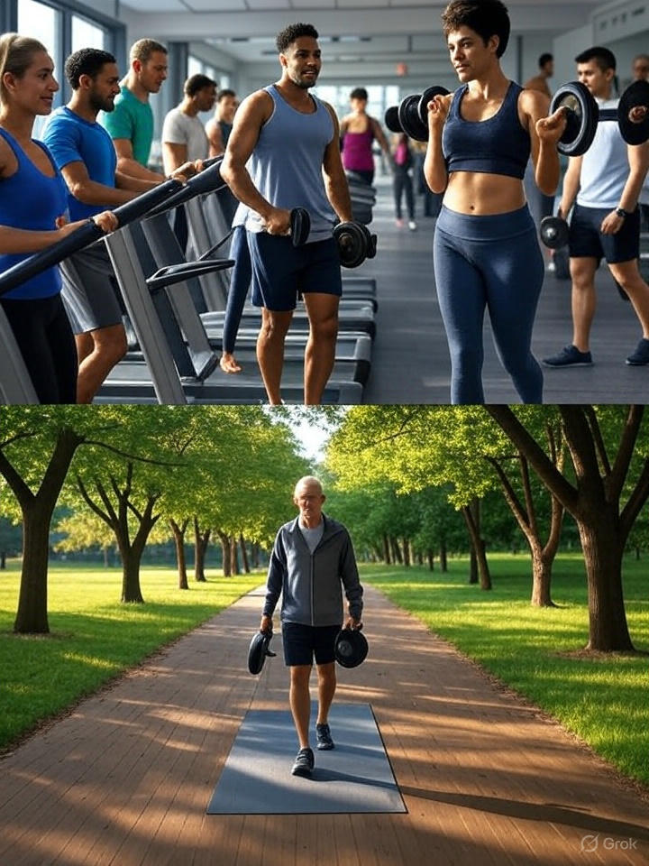 A collage of two scenes featuring people exercising. The top half shows a group of people working out in a gym, with a man holding dumbbells and a woman lifting a barbell, surrounded by treadmills. The bottom half depicts an older man walking on a wooden path in a park lined with trees, holding small weights, with a yoga mat placed on the path.