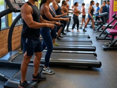 A group of people in workout clothes use treadmills in a bright gym with large windows. The space is filled with cardio equipment, and the energetic environment reflects a community-focused fitness setting in Northeast Ohio.