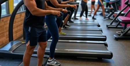 A group of people in workout clothes use treadmills in a bright gym with large windows. The space is filled with cardio equipment, and the energetic environment reflects a community-focused fitness setting in Northeast Ohio.