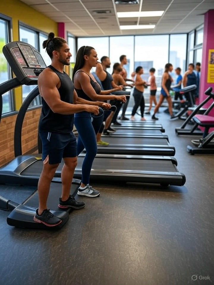 A group of people in workout clothes use treadmills in a bright gym with large windows. The space is filled with cardio equipment, and the energetic environment reflects a community-focused fitness setting in Northeast Ohio.