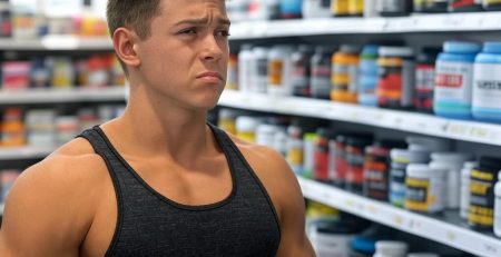 The image on the right shows a novice bodybuilder wearing a black tank top, standing in a store aisle with a confused expression while looking at a shelf filled with various creatine supplement containers of different brands, colors, and sizes, highlighting the overwhelming variety of choices for beginners.