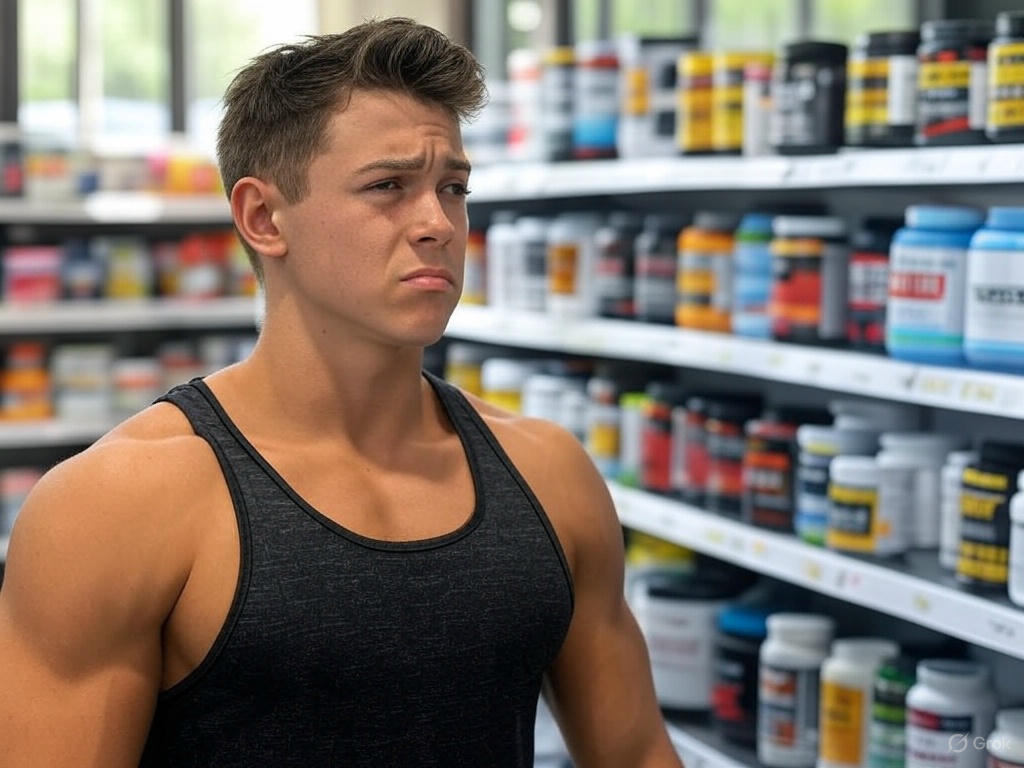The image on the right shows a novice bodybuilder wearing a black tank top, standing in a store aisle with a confused expression while looking at a shelf filled with various creatine supplement containers of different brands, colors, and sizes, highlighting the overwhelming variety of choices for beginners.