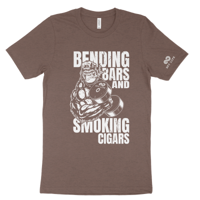Bending Bars - 3413 Solid Brown Triblend Brown short-sleeve t-shirt with a large white graphic of a muscular gorilla holding a BFY Life dumbbell, bold text reading “Bending Bars and Smoking Cigars,” and a small BFY Life logo on the sleeve.