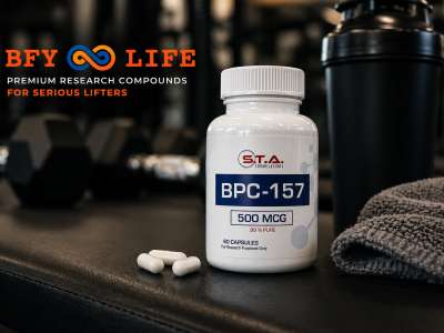 BPC 157 bottle in gym setting for recovery and muscle repair research