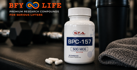 BPC 157 bottle in gym setting for recovery and muscle repair research