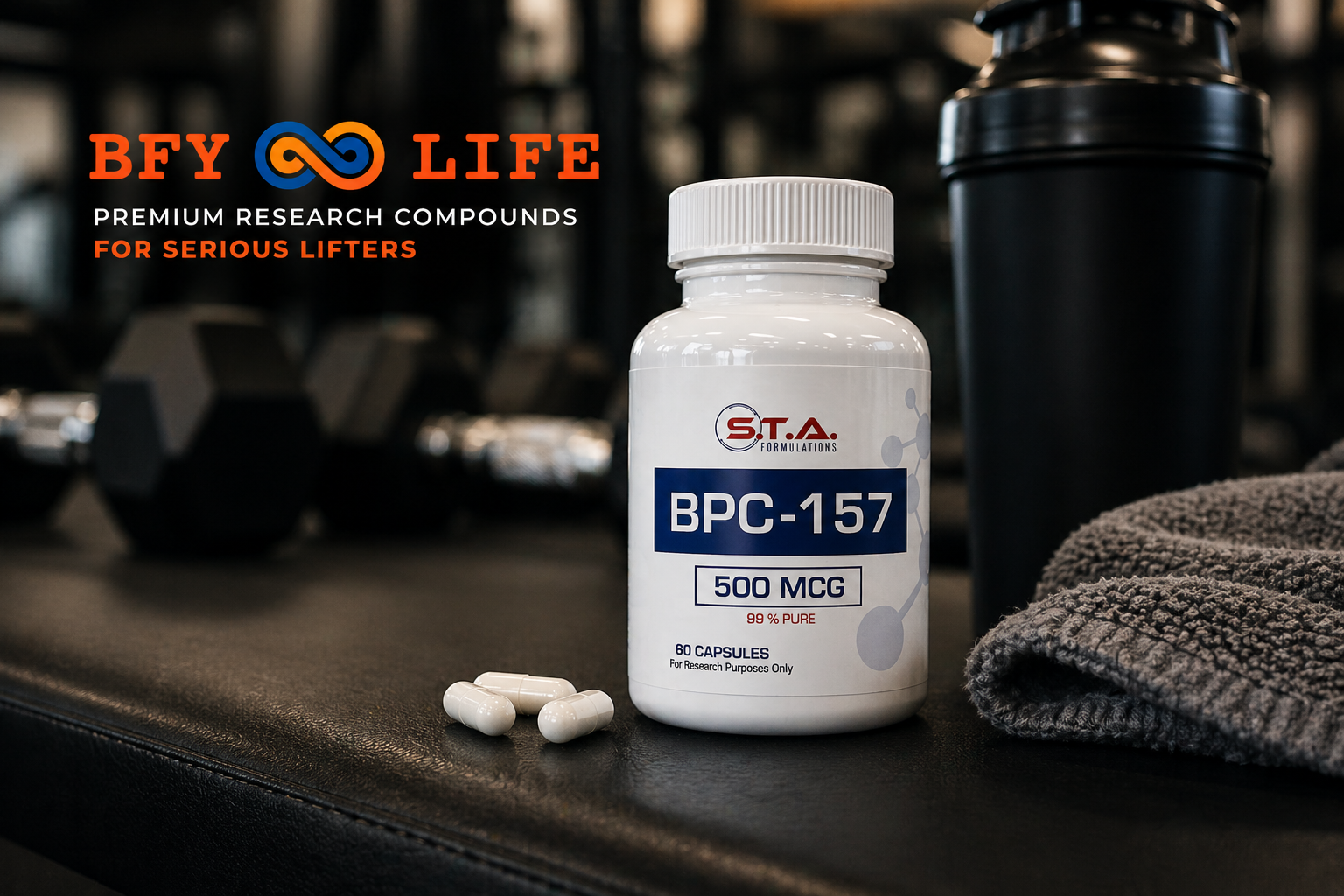 BPC 157 bottle in gym setting for recovery and muscle repair research